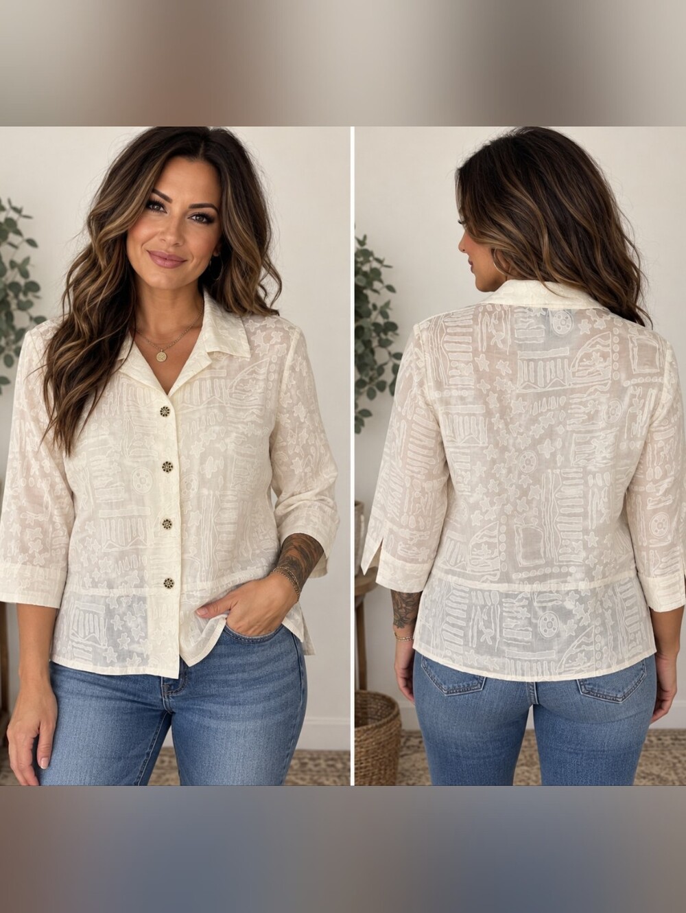 Vintage Napa Valley Petite M Ivory Sheer Abstract Button Up Blouse 90s Y2K